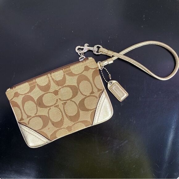 Coach Signature Canvas Leather Wristlet Bag Beige Gold - Picture 1 of 9